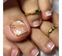 Nude Pink Gold Flower French Tip False Toenails Reusable Press on Nails Set with 12 Sizes for Most Toe Types - Glittery Gold Stripes and Elegant White Floral Design for Spring Summer Home DIY