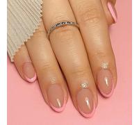 Nude Pink Press-On False Nails, Short Oval, Glitter French Tips, 24-Piece | Glossy full-cover design, fine rose-gold-toned edging, for home manicures, everyday outings and social occasions