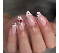 Nude Pink Press on Nails Almond Medium - 24 Pieces Stiletto Fake Nails with Glue - False Nails with 3D Cherry Polka Dot Design - 12 Sizes Full Cover Cute Stick on Nails for Women Girls