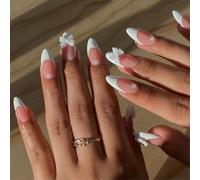Nude Pink Press On Nails Almond - White French Tip False Nails Short Medium With Pearl White Bow - Natural Fake Nails With Glue - Full Cover Acrylic white Tips Stick On nails For Women DIY Nail Art