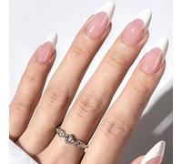 Nude Press on Nails Almond - 24Pcs Medium Length French Tip False Nails with Glue - Cat Eye Glossy Acrylic Nails - Removable Stick on Nails for Women Girls Crystal Design