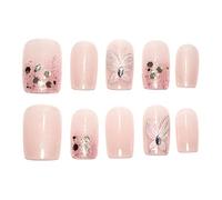Nude Silver Handmade Press On Nails Short Square 10Pcs Fake Nails Hand-painted Silver Butterfly Luxury Glue on Nails Reusable Acrylic False Nails Manicure Kits with Cute Design for Women (XS)