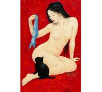 Nude Woman With Cat Against Rich Crimson Background - A4 Wall Art Poster Home Decor Art Print with Adorable and Quirky Cats Perfect for Cat Lovers and Vintage Style Enthusiasts