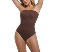 NUDESTORE Strapless Shapewear Women's Tummy Control Bodysuit Seamless Body Shaper Thong Tube Top Bodysuits One Piece, Brown Thong, Medium