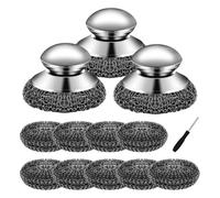 Nudiuhis 3 Pcs Steel Wool Scrubber with Handle Stainless Steel Scrubbe for Kitchen Cast Iron Sink Griddles Grills for Cleaning Cast Iron, Dishes, Kitchen Pots