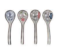 Nudiuhis 4 Pieces Asian Retro Chinese Ceramic Rice Spoons Curved Handle Ramen Soup Spoon Painted Flower Spoons with Long Handle