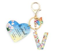Nudoraw Positive Affirmation Gifts Initial Keyring V,Thank You Teacher Gifts Personalised Initial Letter Keychain A,Friend Personalised Gifts for Women Key Ring V Birthday Valentines Christmas