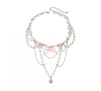 NUEAYMS Trendy Heart Pendant Necklace With Bowknot Adjustable Faux Pearls Bead Neckchain Choker For Parties And Daily Wear Stylish Statement Necklace