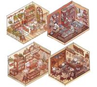 Nuelreva Scene Stickers 4 Set Cafe, Bakery, Library & Greenhouse 3D House Stickers DIY-Friendly Adorable 3D PET Stress Relief for Adults, Kids DIY