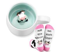 Nuenen 2 Pieces Cow Gifts Sets Unisex Cow Socks 3D Ceramic Coffee Mug Little Cow Inside Novelty Socks Cow Mug Handmade Figurine Milk Tea Cup for Women Men Friends Birthday Gifts