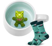 Nuenen 2 Pieces Frog Gifts Sets, 3D Frog Ceramic Mug, Cute Frogs Socks, Little Animal Inside, Novelty Handmade Figurine Gift for Women Friends Birthday House Warming