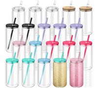 Nuenen 20 Pcs 16 oz Plastic Snow Globe Tumbler Pre Drilled Double Wall Plastic Can with Lid and Straw Double Wall Snowglobe Cup with Colorful Lid Mason Jar Cups for Snow Globe Glitter DIY Gift