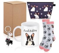 Nuenen 5 Pieces French Bull Dog Gifts Set Includes Ceramic Funny Coffee Mug Socks French Bull Dog Keyring Makeup Bag Greeting Card with Box Gift for Women Birthday Xmas Party