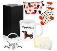 Nuenen 5 Pieces Sausage Dog Gifts Set Includes Ceramic Funny Coffee Mug Socks Keyring Makeup Bag Greeting Card with Box Gift for Dachshund Dog Lover Mother Women Birthday Xmas Party