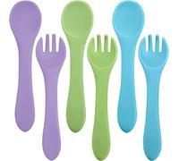 Nuenen 6 Pieces Silicone Baby Feeding Forks and Spoons Set Hot Safety First Stage Self Feeding Supplies Mini Kids Utensils for Over 6 Months Babies Boy Girl Toddlers First Foods (Primary Color)