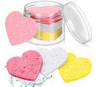 Nuenen 60 Pieces Facial Sponges with Container, Heart Shape Compressed Face Sponges Natural Cleaning Pads for Washing Face Cleaning Exfoliating Esthetician Makeup Removal (Pink,White, Yellow)