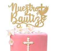 Nuestro Bautizo Cake Topper, Spanish First Holy Communion, Cross Dove My Confirmation, Religious Baptism First Birthday Christening Baby Shower Party Decorations Supplies, Gold Glitter