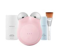 NuFACE MINI+ Microcurrent Facial Device Kit - FDA Cleared Face Sculpting & Skin Firming Device to Contour & Tone + Microcurrent Gel Activator, Silk Creme & Applicator Brush - Sandy Rose