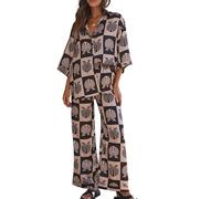 NUFIWI Vintage Graffiti 2 Pieces Pants Sets for Women Floral Fruit Print Short Sleeve Shirt Wide Leg Pants Beachwear Suit, Fashioable Casual Black, L