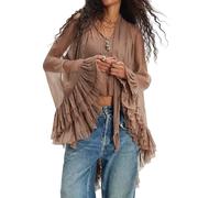 NUFIWI Women's Sheer Ruffle Trim Blouse with Self Tie Neck, Brown, S
