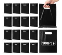 Nufiwra 100 Pack Small Black Plastic Gift Bags with Die Cut Handle, Thicken 6" x 8" Reusable Merchandise Bags Shopping Bags for Small Business Boutique Stores Gift Party Favor Wedding Christmas