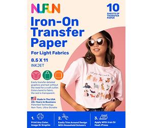 NuFun Activities Ink Jet Printable Iron-on Heat Transfer Paper for T Shirts, Light Fabrics, 10 Sheets 8.5 x 11 inch, Long Lasting, Durable, Professional Quality, Easy DIY, Non-Toxic, Made in The USA