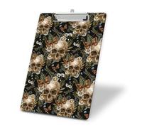 NUGGHU Fashion Clipboard, A4 Letter Size Decorative Wooden Cute Clipboards for Women Men, Standard Letter Size 9 x 12.5 in with Low Profile Metal Clip Luxury Skull Flowers