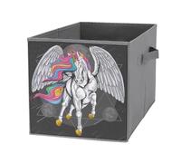 Nugier 1 PC Basket Bin Foldable Dirty Clothes Bag Bucket Fabric Dorms Waterproof Laundry Hamper Square Organizer Storage Handles Closet Print White Unicorn Big Wings on Black