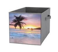 Nugier 1 PC Basket Bin Foldable Dirty Clothes Bag Bucket Fabric Dorms Waterproof Laundry Hamper Square Organizer Storage Handles Closet Print Tropical Ocean Sea Beach Palm Tree Silhouette at Sunset