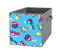 Nugier 1 PC Basket Bin Foldable Dirty Clothes Bag Bucket Fabric Dorms Waterproof Laundry Hamper Square Organizer Storage Handles Closet Print Red Green Little Transport Cars Seamless on Blue