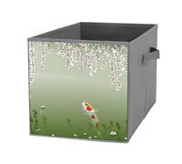 Nugier 1 PC Basket Bin Foldable Dirty Clothes Bag Bucket Fabric Dorms Waterproof Laundry Hamper Square Organizer Storage Handles Closet Print Carp in Spring Pond Cherry Blossom Japanese Fish Green