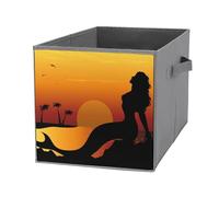 Nugier 1 PC Basket Bin Foldable Dirty Clothes Bag Bucket Fabric Dorms Waterproof Laundry Hamper Square Organizer Storage Handles Closet Print Mermaid Silhouette On Rocks Sea Moon Palm Trees