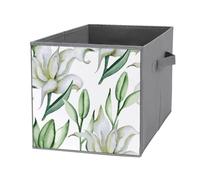 Nugier 1 PC Basket Bin Foldable Dirty Clothes Bag Bucket Fabric Dorms Waterproof Laundry Hamper Square Organizer Storage Handles Closet Print Seamless White Watercolor Lily Green Leaves