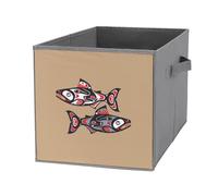 Nugier 1 PC Basket Bin Foldable Dirty Clothes Bag Bucket Fabric Dorms Waterproof Laundry Hamper Square Organizer Storage Handles Closet Print Salmon Fish Native American Style On Brown