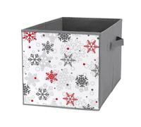 Nugier 1 PC Basket Bin Foldable Dirty Clothes Bag Bucket Fabric Dorms Waterproof Laundry Hamper Square Organizer Storage Handles Closet Print Big Snowflakes Red Grey on White