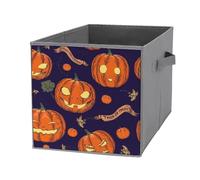 Nugier 1 PC Basket Bin Foldable Dirty Clothes Bag Bucket Fabric Dorms Waterproof Laundry Hamper Square Organizer Storage Handles Closet Print Halloween Seamless Orange Pumpkins on Blue