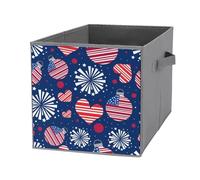 Nugier 1 PC Basket Bin Foldable Dirty Clothes Bag Bucket Fabric Dorms Waterproof Laundry Hamper Square Organizer Storage Handles Closet Print American Independence Day July 4th Flag Heart Firework