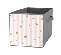 Nugier 1 PC Basket Bin Foldable Dirty Clothes Bag Bucket Fabric Dorms Waterproof Laundry Hamper Square Organizer Storage Handles Closet Print Gold Glittering Heart Pink on White Stripes Background
