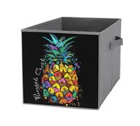 Nugier 1 PC Basket Bin Foldable Dirty Clothes Bag Bucket Fabric Dorms Waterproof Laundry Hamper Square Organizer Storage Handles Closet Print Colorful Pineapple Fruit On Black