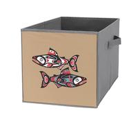 Nugier 1 PC Basket Bin Foldable Dirty Clothes Bag Bucket Fabric Dorms Waterproof Laundry Hamper Square Organizer Storage Handles Closet Print Salmon Fish Native American Style On Brown