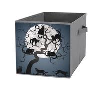 Nugier 1 PC Basket Bin Foldable Dirty Clothes Bag Bucket Fabric Dorms Waterproof Laundry Hamper Square Organizer Storage Handles Closet Print Halloween Black Cats on Tree in Night Full Moon