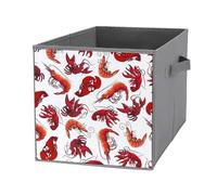 Nugier 1 PC Basket Bin Foldable Dirty Clothes Bag Bucket Fabric Dorms Waterproof Laundry Hamper Square Organizer Storage Handles Closet Print Red Shrimps Prawns Lobsters Seamless On White