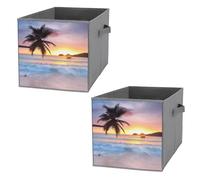 Nugier 2 PCs Basket Bin Foldable Dirty Clothes Bag Bucket Fabric Dorms Waterproof Laundry Hamper Square Organizer Storage Handles Closet Print Tropical Ocean Sea Beach Palm Tree Silhouette at Sunset