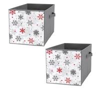 Nugier 2 PCs Basket Bin Foldable Dirty Clothes Bag Bucket Fabric Dorms Waterproof Laundry Hamper Square Organizer Storage Handles Closet Print Big Snowflakes Red Grey on White