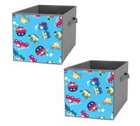 Nugier 2 PCs Basket Bin Foldable Dirty Clothes Bag Bucket Fabric Dorms Waterproof Laundry Hamper Square Organizer Storage Handles Closet Print Red Green Little Transport Cars Seamless on Blue