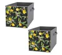 Nugier 2 PCs Basket Bin Foldable Dirty Clothes Bag Bucket Fabric Dorms Waterproof Laundry Hamper Square Organizer Storage Handles Closet Print Lemon Fruits Flowers Green Leaves Seamless on Black