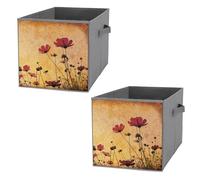 Nugier 2 PCs Basket Bin Foldable Dirty Clothes Bag Bucket Fabric Dorms Waterproof Laundry Hamper Square Organizer Storage Handles Closet Print Artistic Flowers Retro Style Red Poppies Poppy Flowers