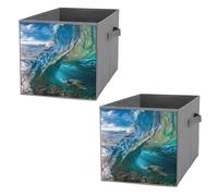 Nugier 2 PCs Basket Bin Foldable Dirty Clothes Bag Bucket Fabric Dorms Waterproof Laundry Hamper Square Organizer Storage Handles Closet Print Tropical Big Ocean Wave Sea Animal Turtle Floating