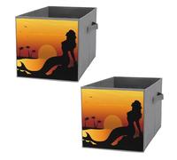 Nugier 2 PCs Basket Bin Foldable Dirty Clothes Bag Bucket Fabric Dorms Waterproof Laundry Hamper Square Organizer Storage Handles Closet Print Mermaid Silhouette On Rocks Sea Moon Palm Trees