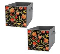 Nugier 2 PCs Basket Bin Foldable Dirty Clothes Bag Bucket Fabric Dorms Waterproof Laundry Hamper Square Organizer Storage Handles Closet Print Exotic Flowers Birds Fruits On Black